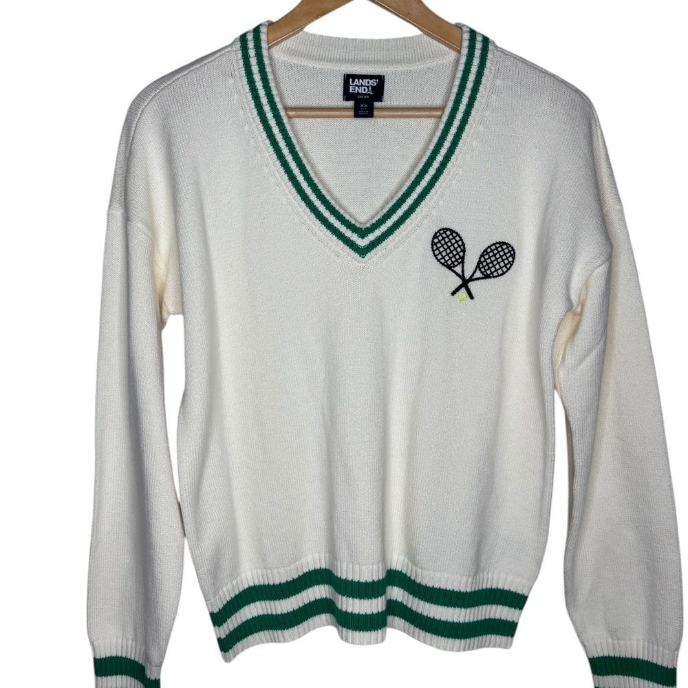 Lands End Women's Drifter Varsity Vneck Tennis Sweater with Crest XS/S - Picture 5 of 8